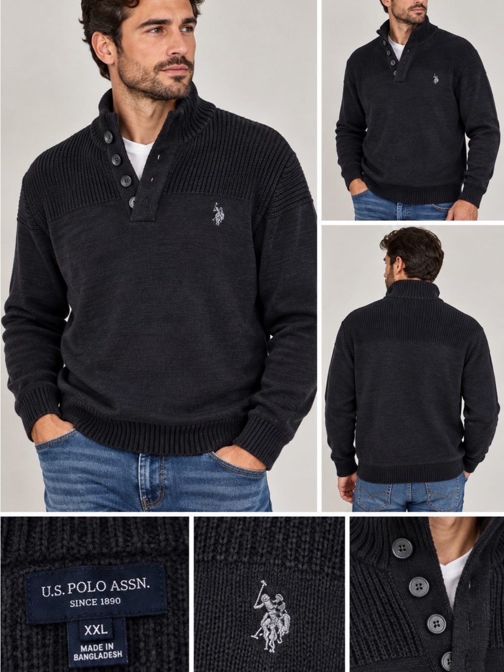 U.S. Polo Assn. Men's Black Zip-Up Shawl Collar Sweater